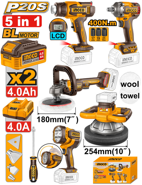 INGCO PACK COMBO POLISSAGE 180MM/254MM + DECAPEUR + BOULONNEUSE 20V [COSLI250592]
