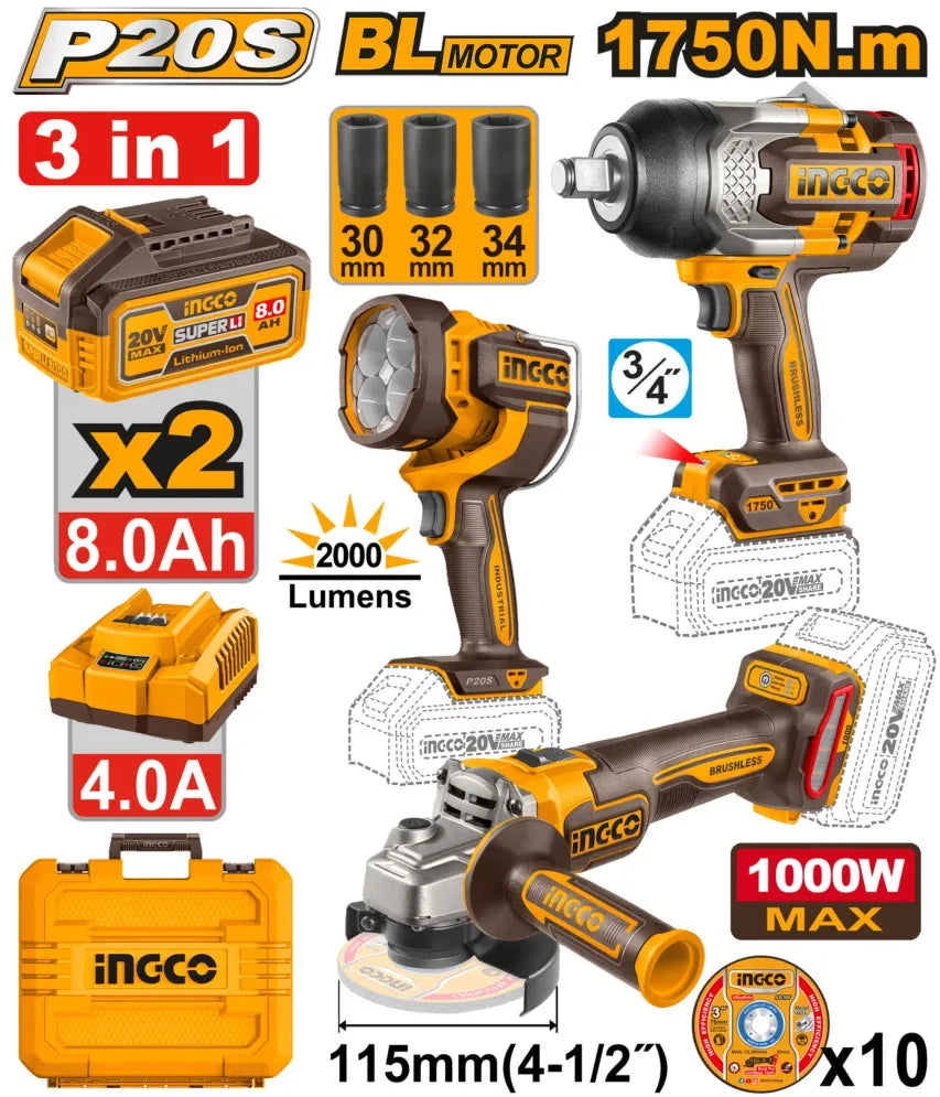 Pack meuleuse + boulonneuse 1750Nm + lampe de travail + 2 batteries 8Ah 20V INGCO – COSLI250593 – INGCO Maroc