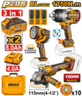 Pack meuleuse + boulonneuse 1750Nm + lampe de travail + 2 batteries 8Ah 20V INGCO – COSLI250593 – INGCO Maroc
