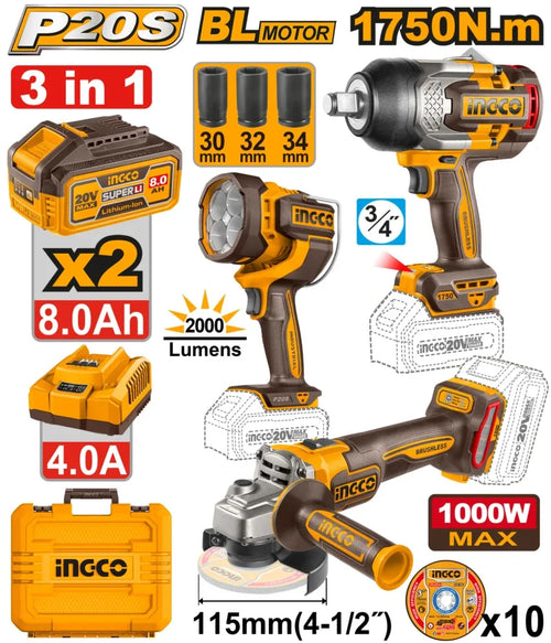 INGCO PACK MEULEUSE+BOULONNEUSE 1750NM+TORCHE+ 2BATTERIES/20V 8AH  [COSLI250593]