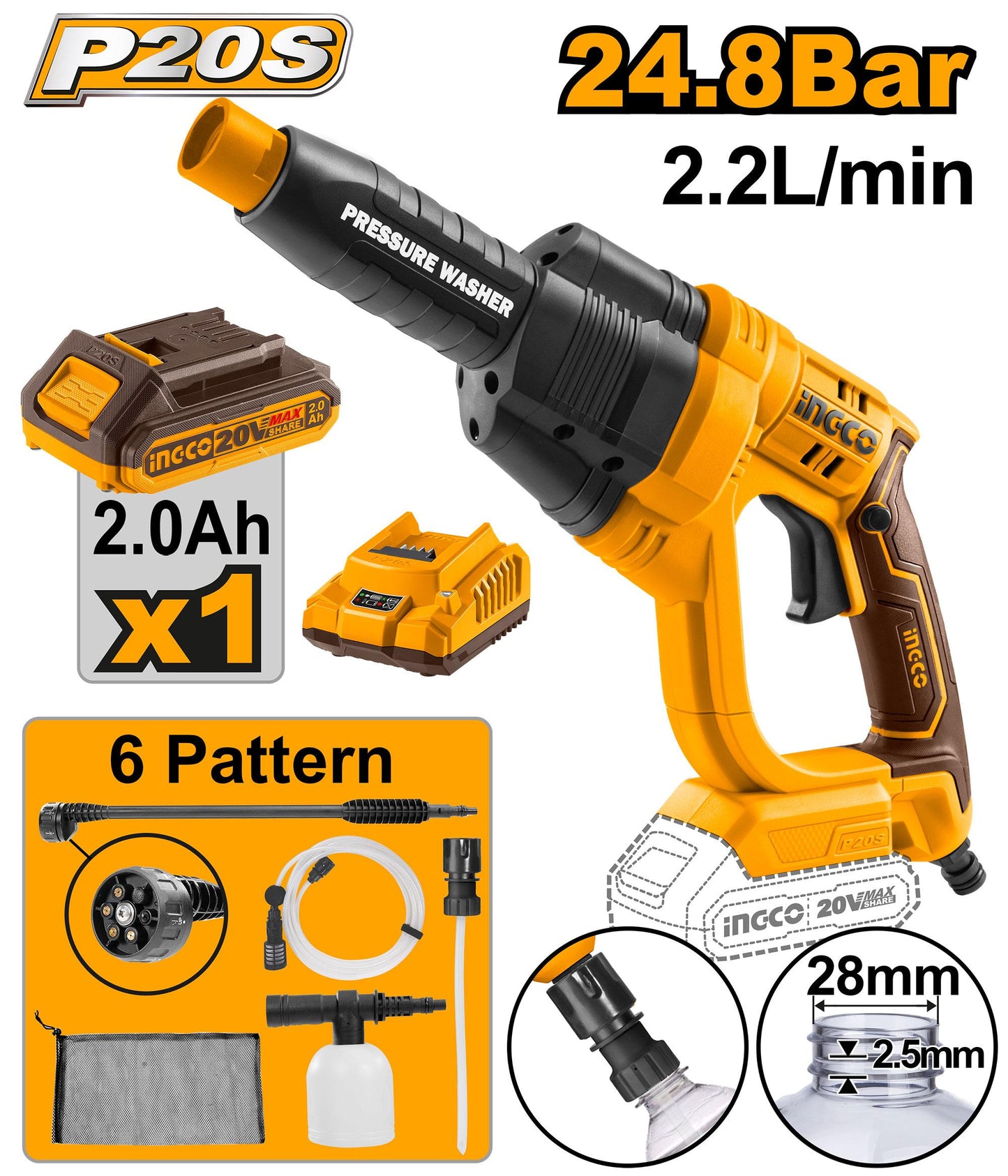 INGCO NETTOYEUR HAUTE PRESSION LITHIUM 20V 25BAR [CPWLI20082]