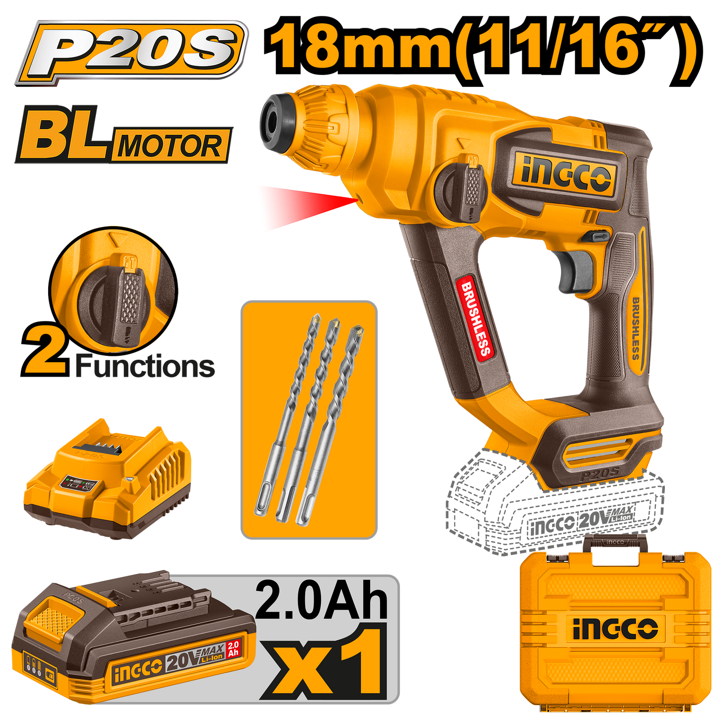 INGCO MARTEAU PERFORATEUR BRUSHLESS 20V 18MM [ CRHLI201881 ]
