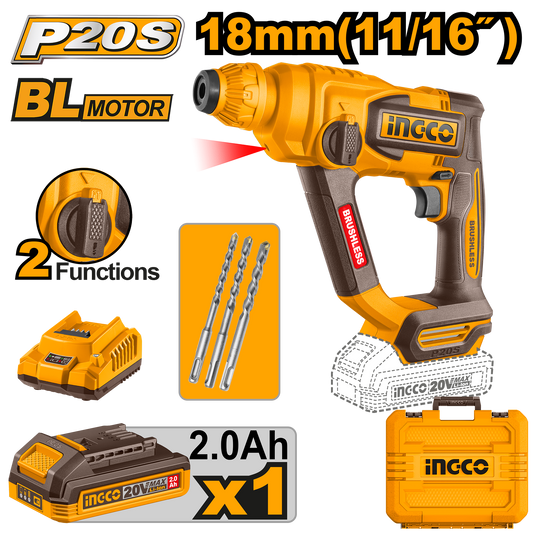INGCO MARTEAU PERFORATEUR BRUSHLESS 20V 18MM [ CRHLI201881 ]