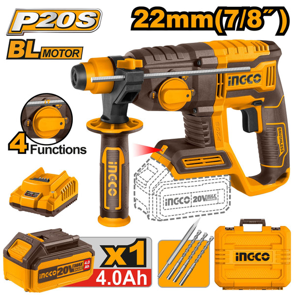 INGCO MARTEAU PERFORATEUR 22MM 20V + 1BATTERIE 4AH [CRHLI202081] – INGCO Maroc