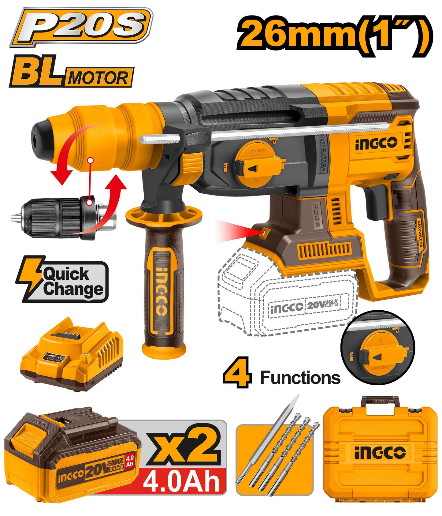 INGCO MARTEAU PERFORATEUR 26MM 20V + 2BATTERIES 4AH DOUB [CRHLI202289]