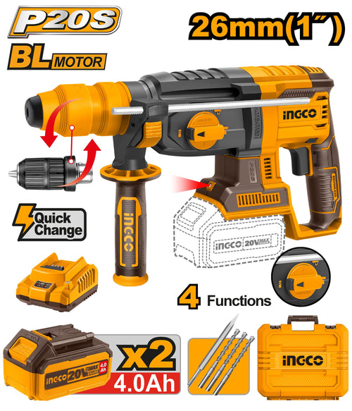 INGCO MARTEAU PERFORATEUR 26MM 20V + 2BATTERIES 4AH DOUB [CRHLI202289]