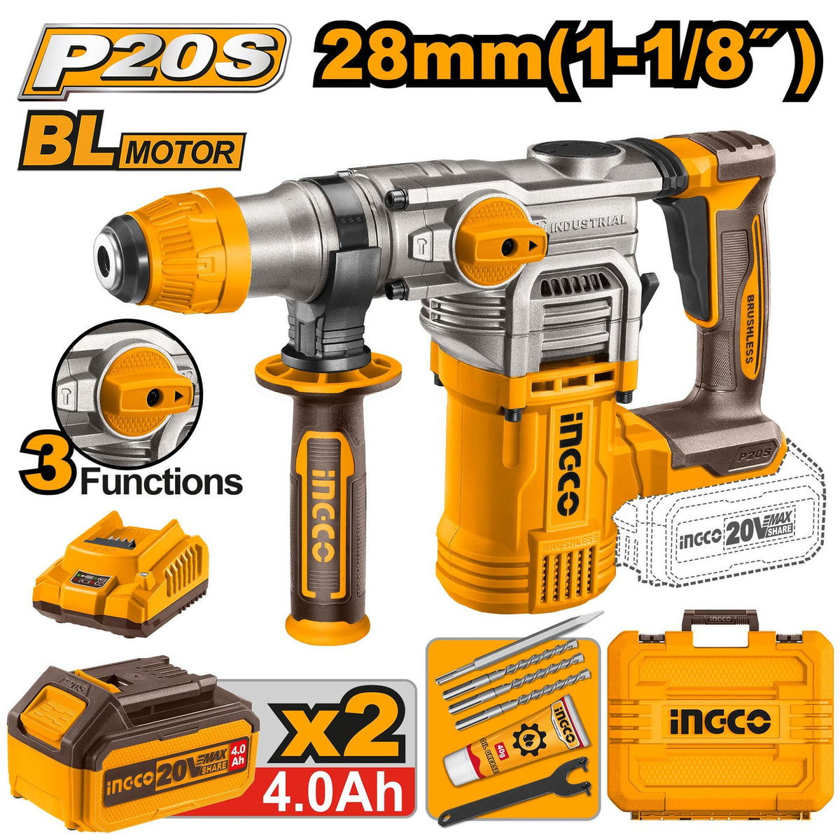 INGCO MARTEAU PERFORATEUR BRUSHLESS 20V SDS PLUS 28MM 2 BAT 5Ah [CRHLI202885] – INGCO Maroc