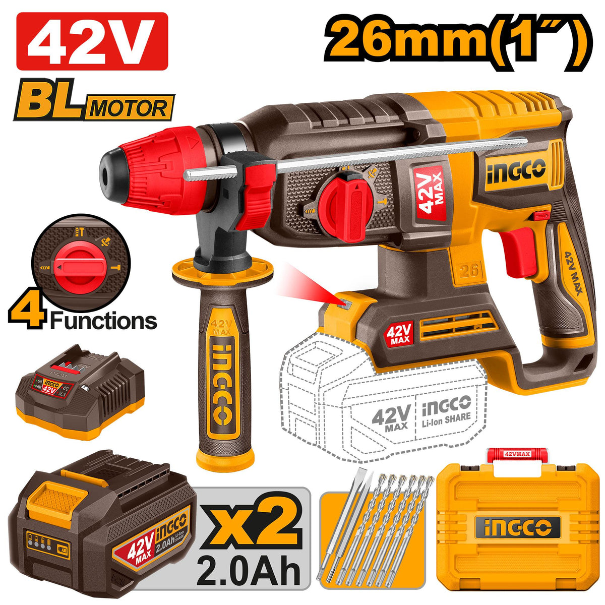 Marteau perforateur Brushless 42V 26 mm + 2 batteries 2Ah INGCO – CRHLI422682 – INGCO Maroc