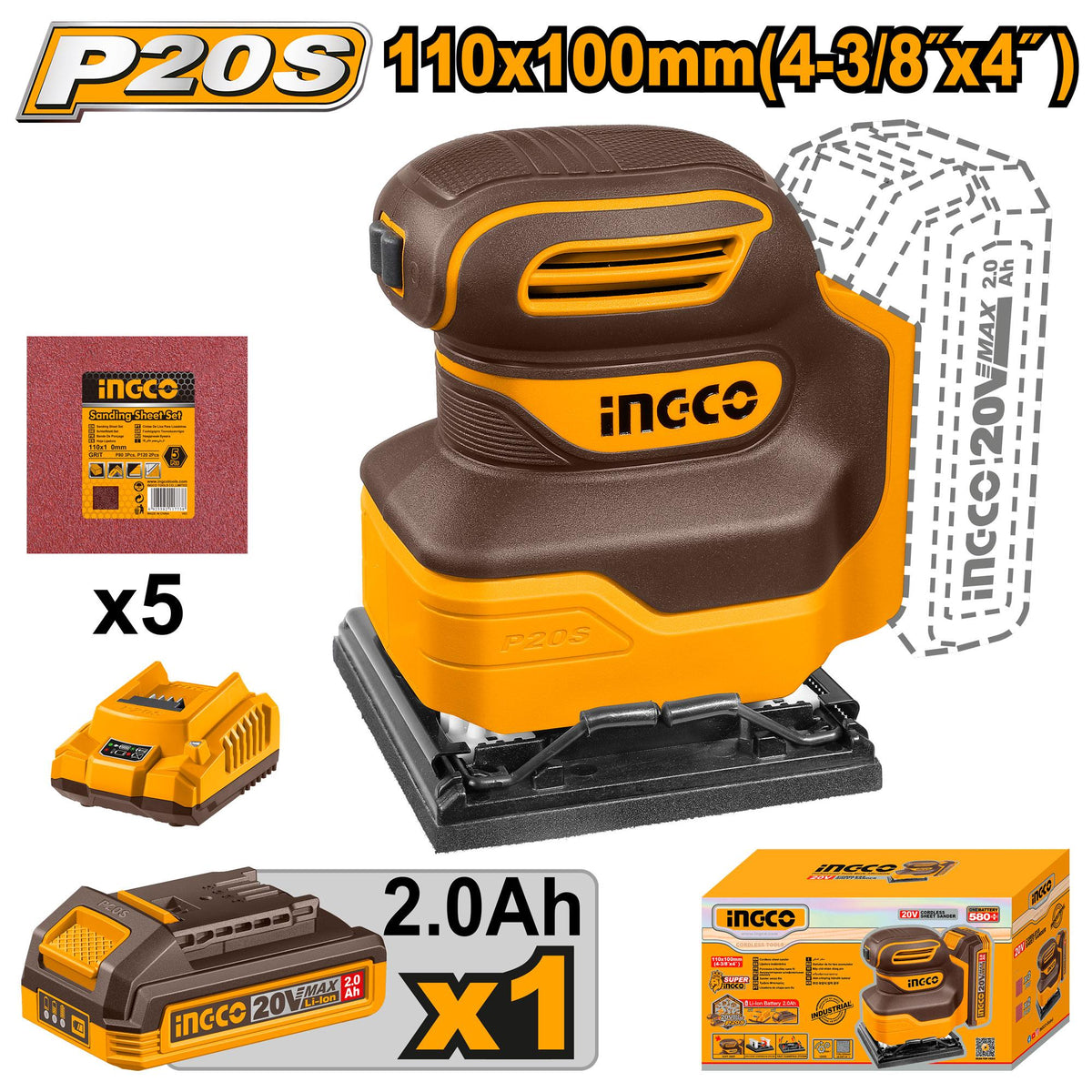 INGCO PONCEUSE VIBRANTE 20V SANS BATTERIE 110MM PLATEAU CARRE [CSHSLI2014] – INGCO Maroc