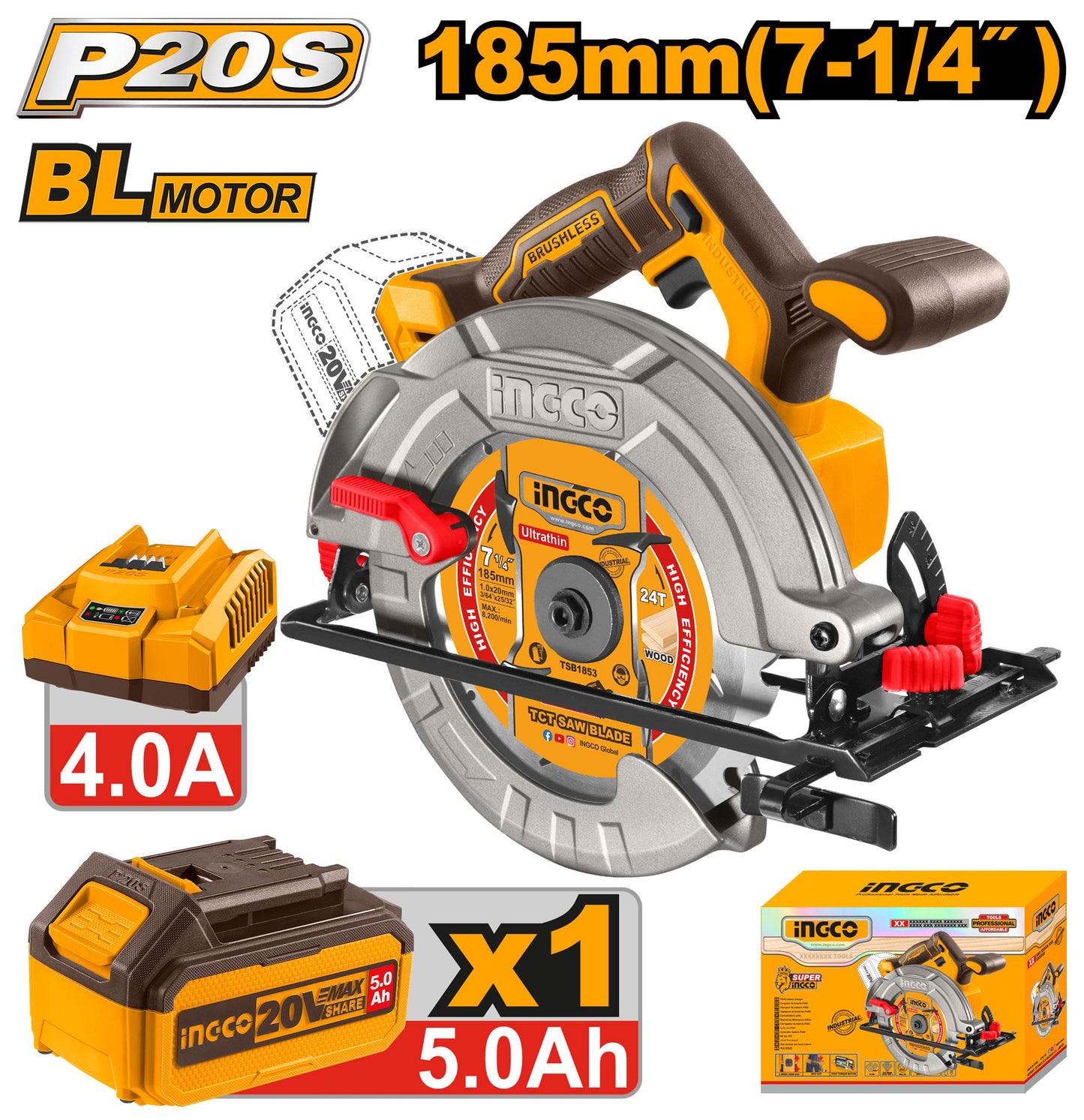 INGCO SCIE CIRCULAIRE BRUSHLESS 20V + BAT 4Ah + CHARGEUR [CSLI18513]