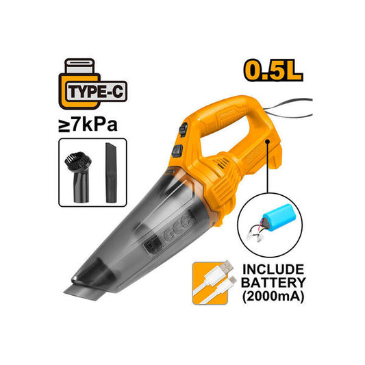 INGCO ASPIRATEUR 12V 0,5L  BATTERIE INTERNE TYPE-C + ACCESSOIRES [CVLI2026]