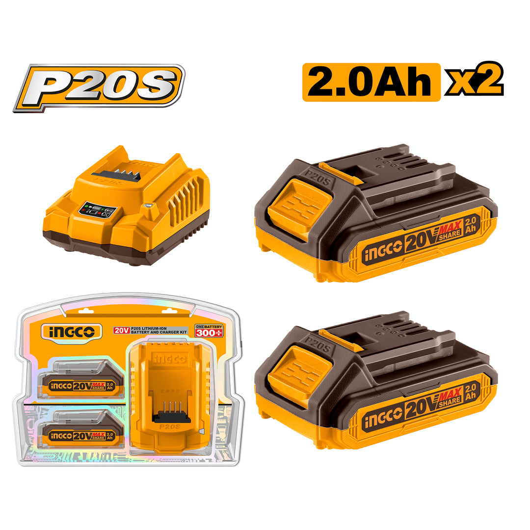 INGCO PACK 2 BATTERIES 20V 2AH + CHARGEUR RAPIDE [FBCPK2212] – INGCO Maroc