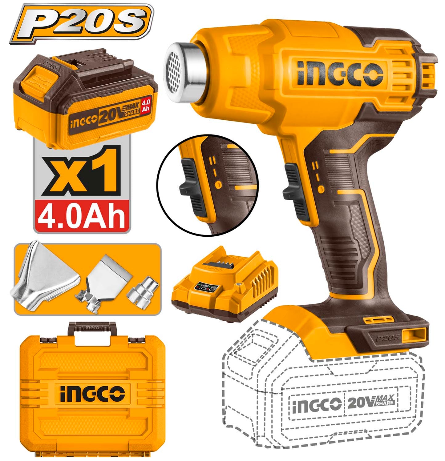 مسدس حراري لاسلكي P20S/20V ليثيوم أيون درجة الحرارة 300/550 درجة مئوية ING-CT