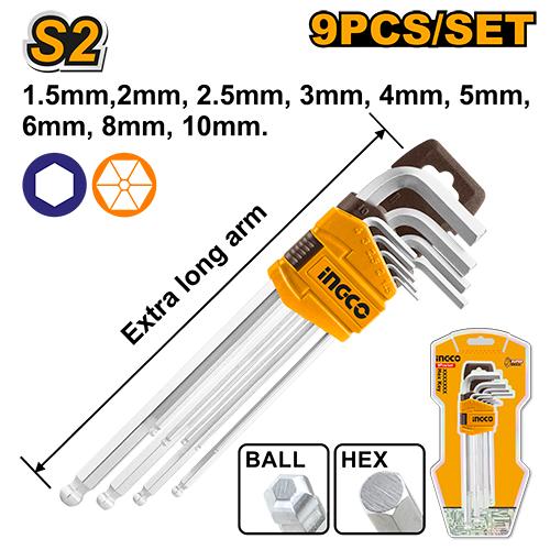 INGCO CLES MALES HEX EXTRA LONG SET DE 9 PIECES 1.5-10MM [HHK12092]