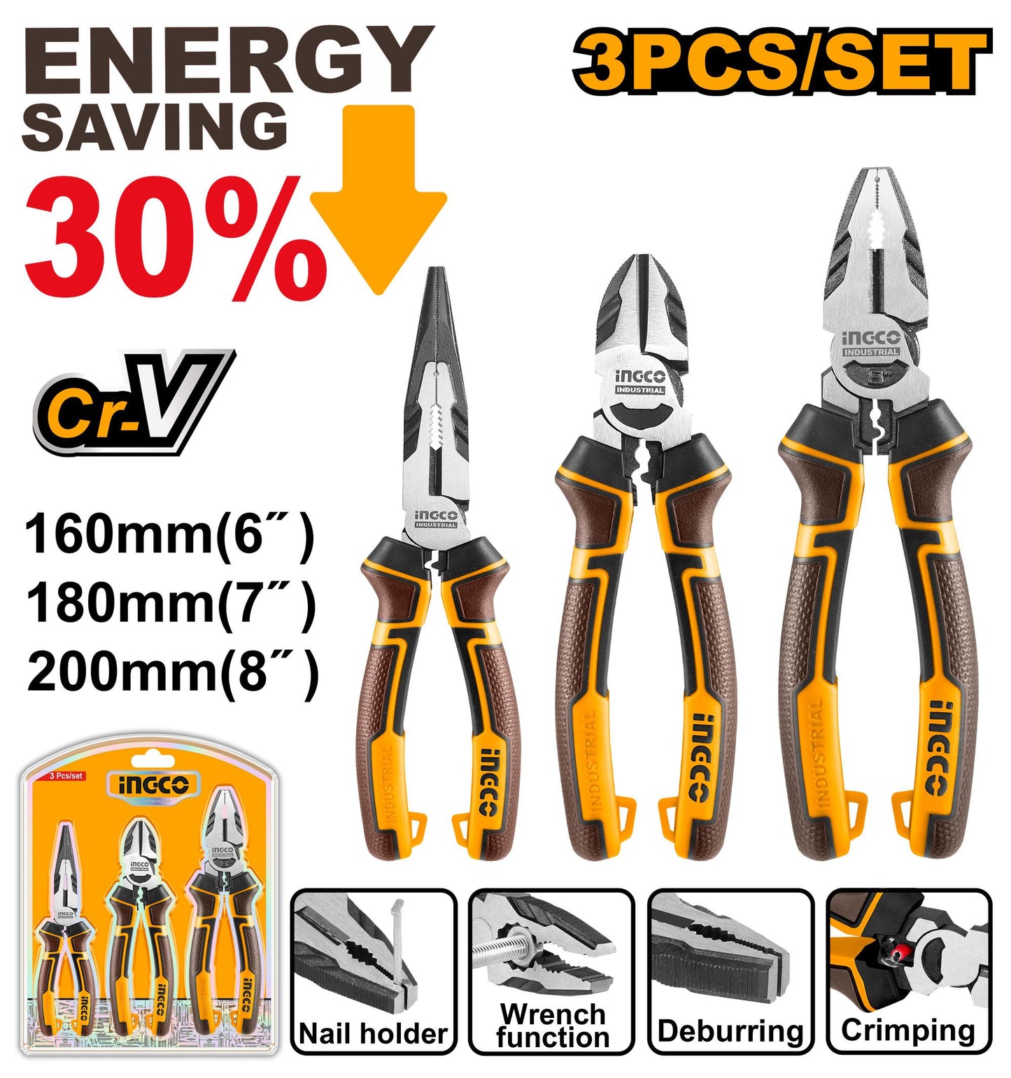 INGCO SET DE 3 PINCES HAUTE PERFORMANCE [HKHLPS2831]