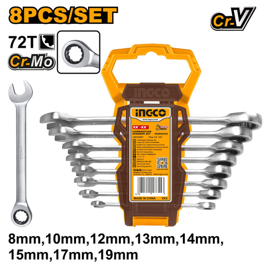 INGCO JEU DE 8 CLES A CLIQUET 8MM A 19MM [HKSPAR1082]