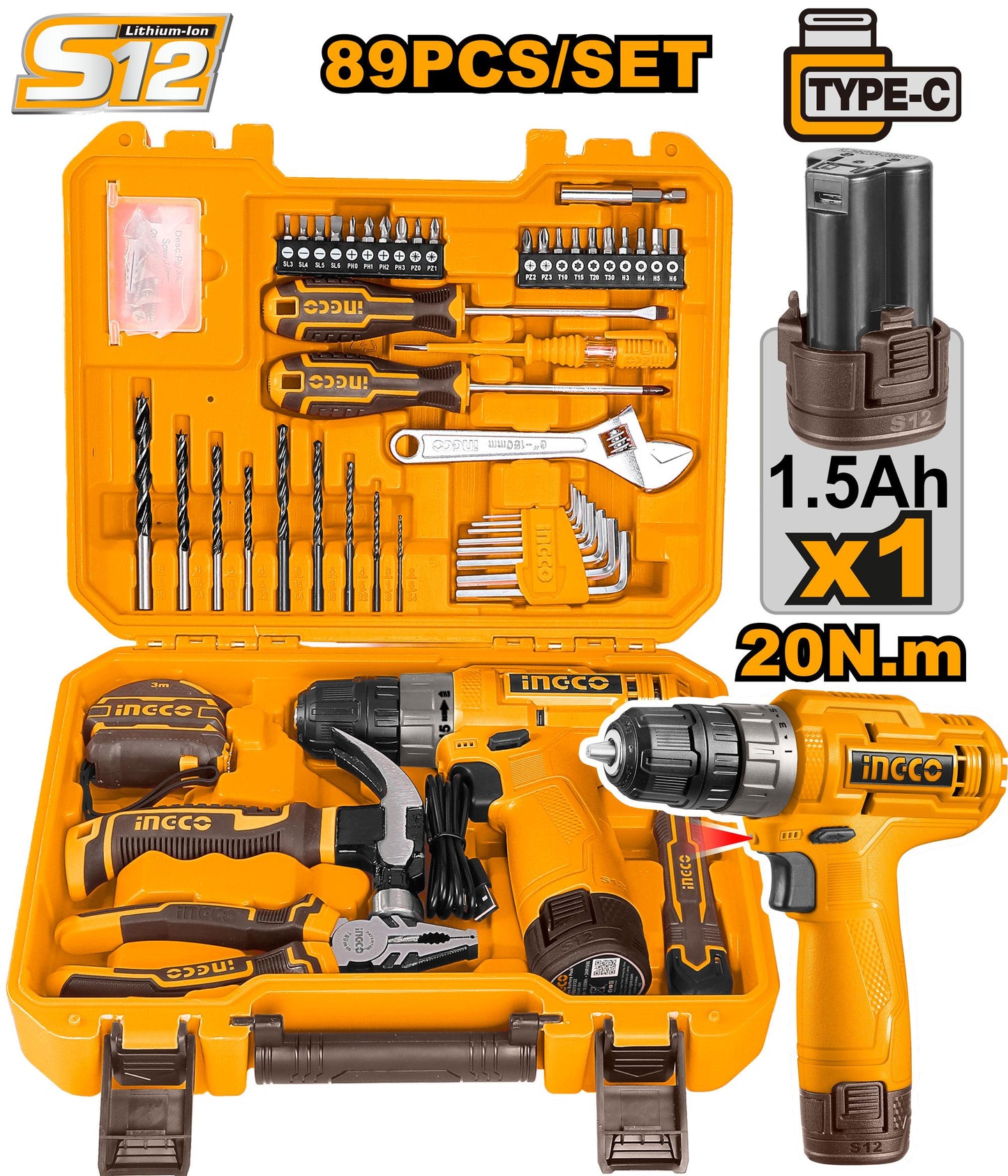 INGCO COFFRET VISSEUSE 12V +89 PCS 1 BAT 1.5Ah [HKTHP10891]