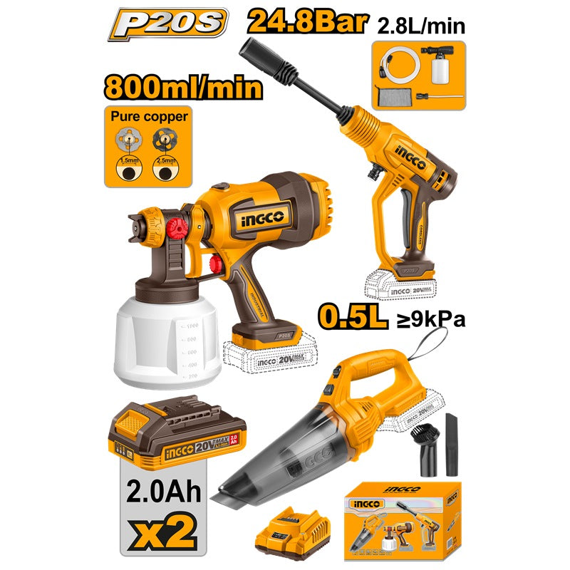INGCO PACK 20V PISTOLET A PEINTURE+ASPIRATEUR+NETTOYEUR [COSLI230522] – INGCO Maroc