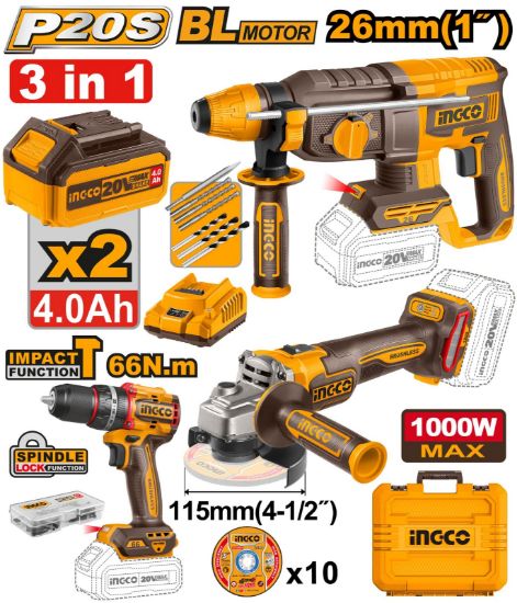 INGCO PACK مثقب + مطحنة + مثقاب 66 نيوتن متر بدون فرشاة [COSLI241198]