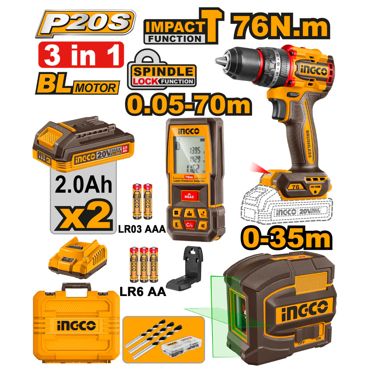 Pack perceuse-visseuse 76Nm + télémètre laser 70 m + niveau laser INGCO – COSLI250511 – INGCO Maroc