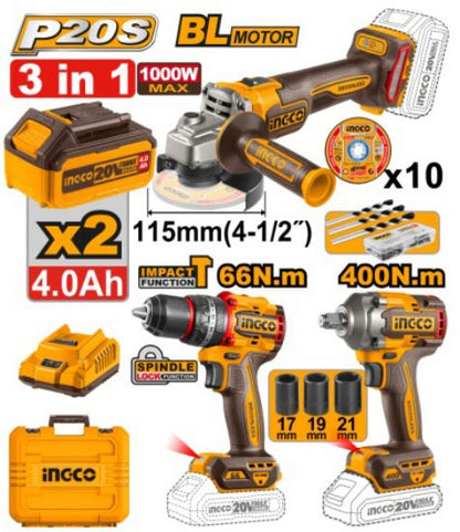 INGCO PACK PERCEUSE+MEULEUSE+BOULONNEUSE BRUSHLESS 20V [COSLI241291]