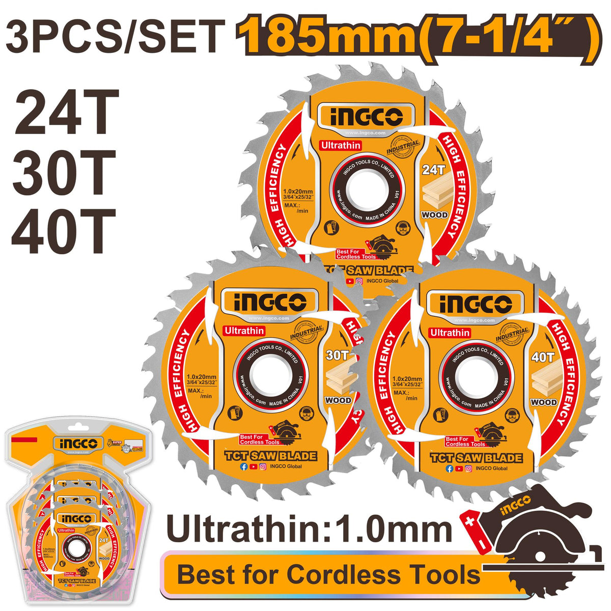 Lot de 3 lames de scie circulaire 185 mm (24, 30 et 40 dents) INGCO – TSB18503 – INGCO Maroc