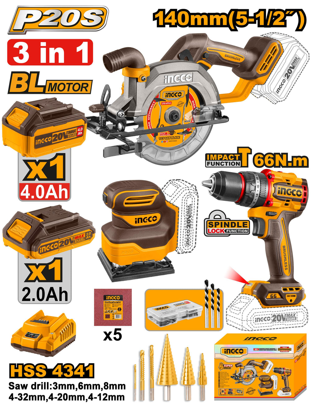 Pack 3 outils sans fil 20V : perceuse-visseuse, scie circulaire et ponceuse + 2 batteries INGCO – COSLI241193 – INGCO Maroc