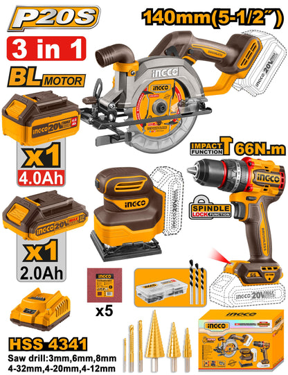 INGCO PACK DE 3 MACHINES VISSEUSE/SCIE CIRCULAIRE/PONCEUSE INGCO 2 BATT 2AH/4AH [COSLI241193]
