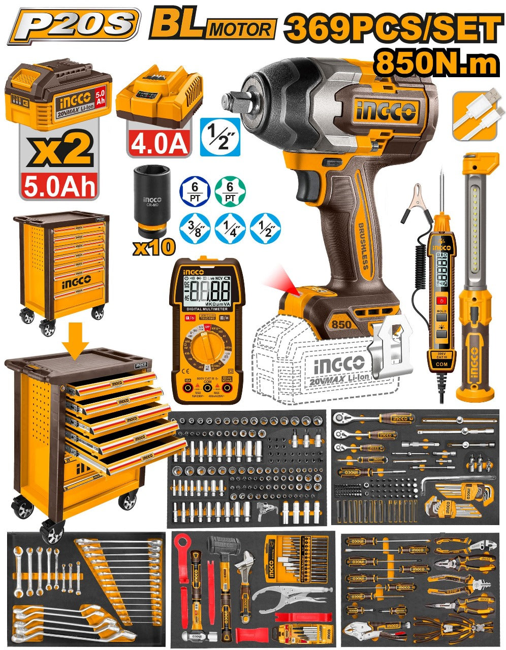 INGCO SERVANTE 7 TIRROIRS 369PCS + BOULONNEUSE 850NM [HTCS283692]