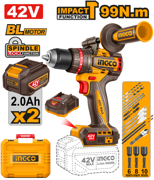 Perceuse-visseuse à percussion Brushless 42V 99Nm + 2 batteries INGCO – CIDLI429982 – INGCO Maroc