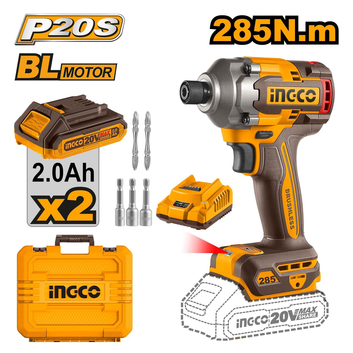 INGCO VISSEUSE A CHOC 20V 285N.M BRUSHLESS [CIRLI2028]