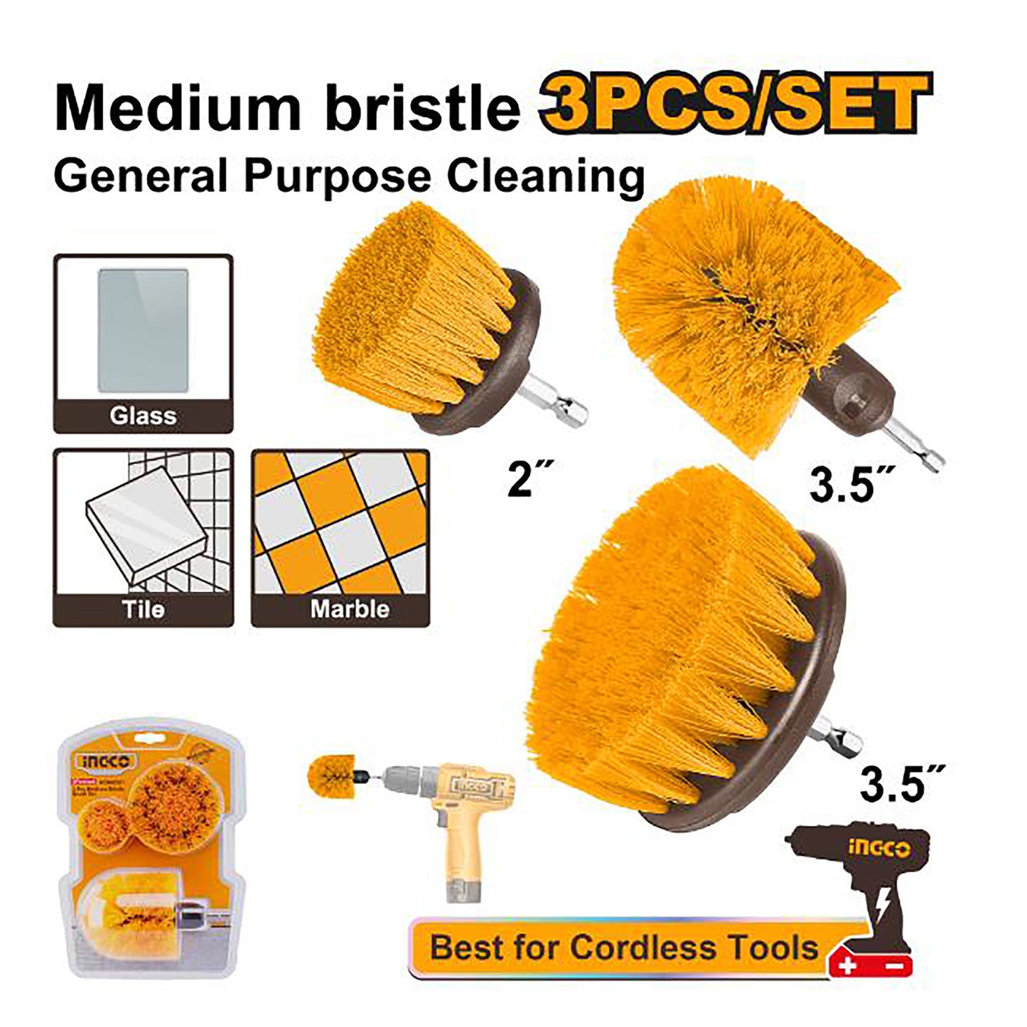 INGCO JEU DE 3 BROSSES DE NETTOYAGE POUR VISSEUSE A POILS SOUPLES [WCBM0301]