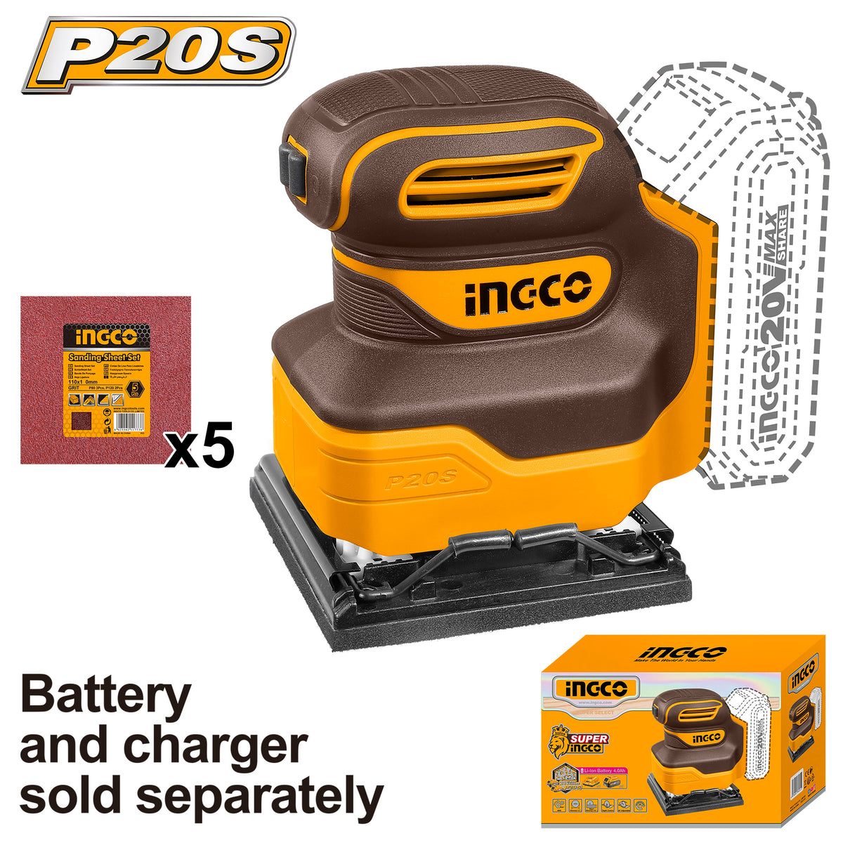 INGCO PONCEUSE VIBRANTE 20V SANS BATTERIE 110MM PLATEAU CARRE [CSHSLI2014] – INGCO Maroc – vue 2