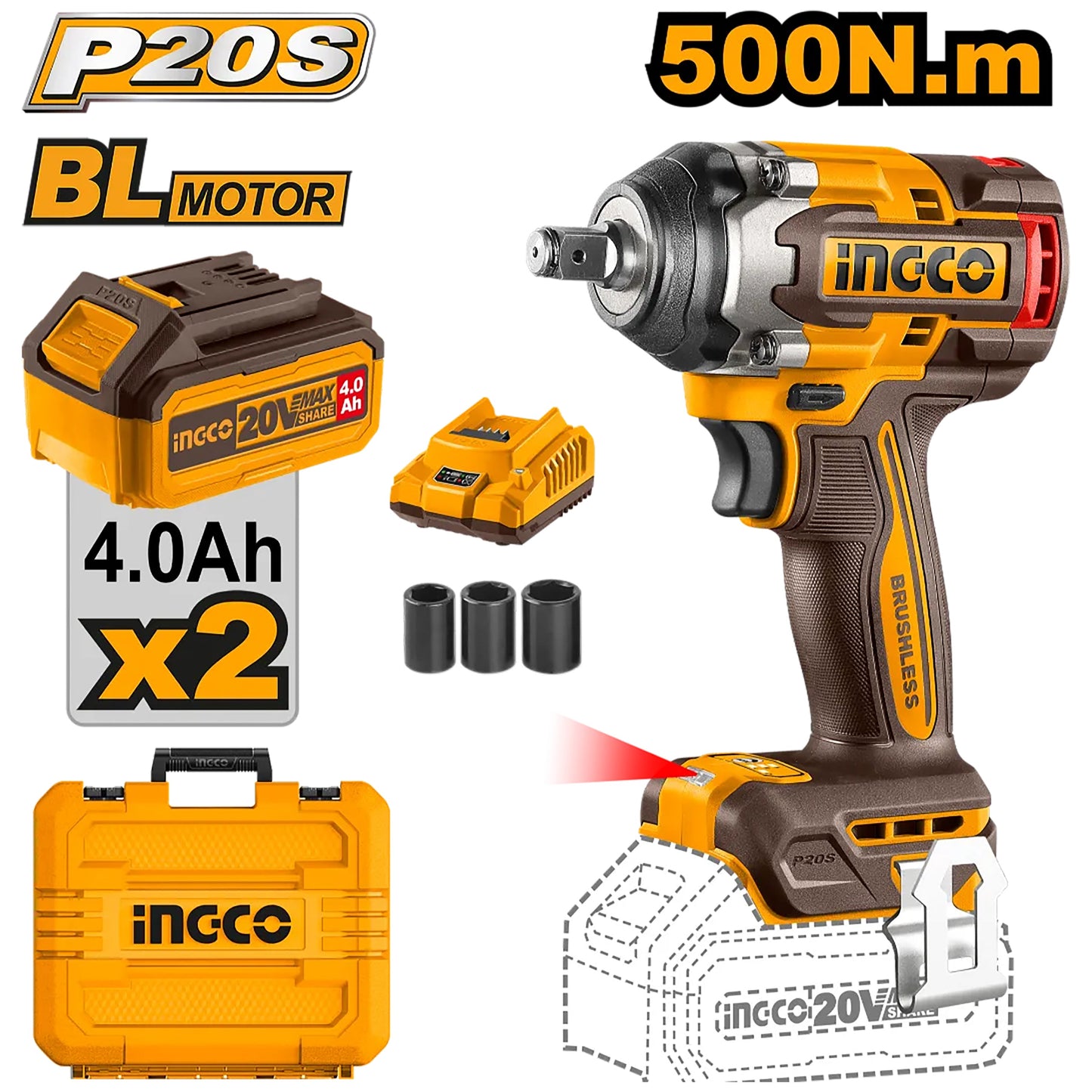 INGCO BOULONNEUSE A CHOC 500NM SANS CHARBON 20V+2BAT SI [CIWLI2050]