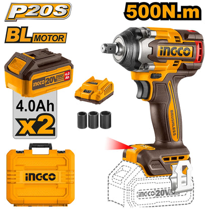 INGCO BOULONNEUSE A CHOC 500NM SANS CHARBON 20V+2BAT SI [CIWLI2050]
