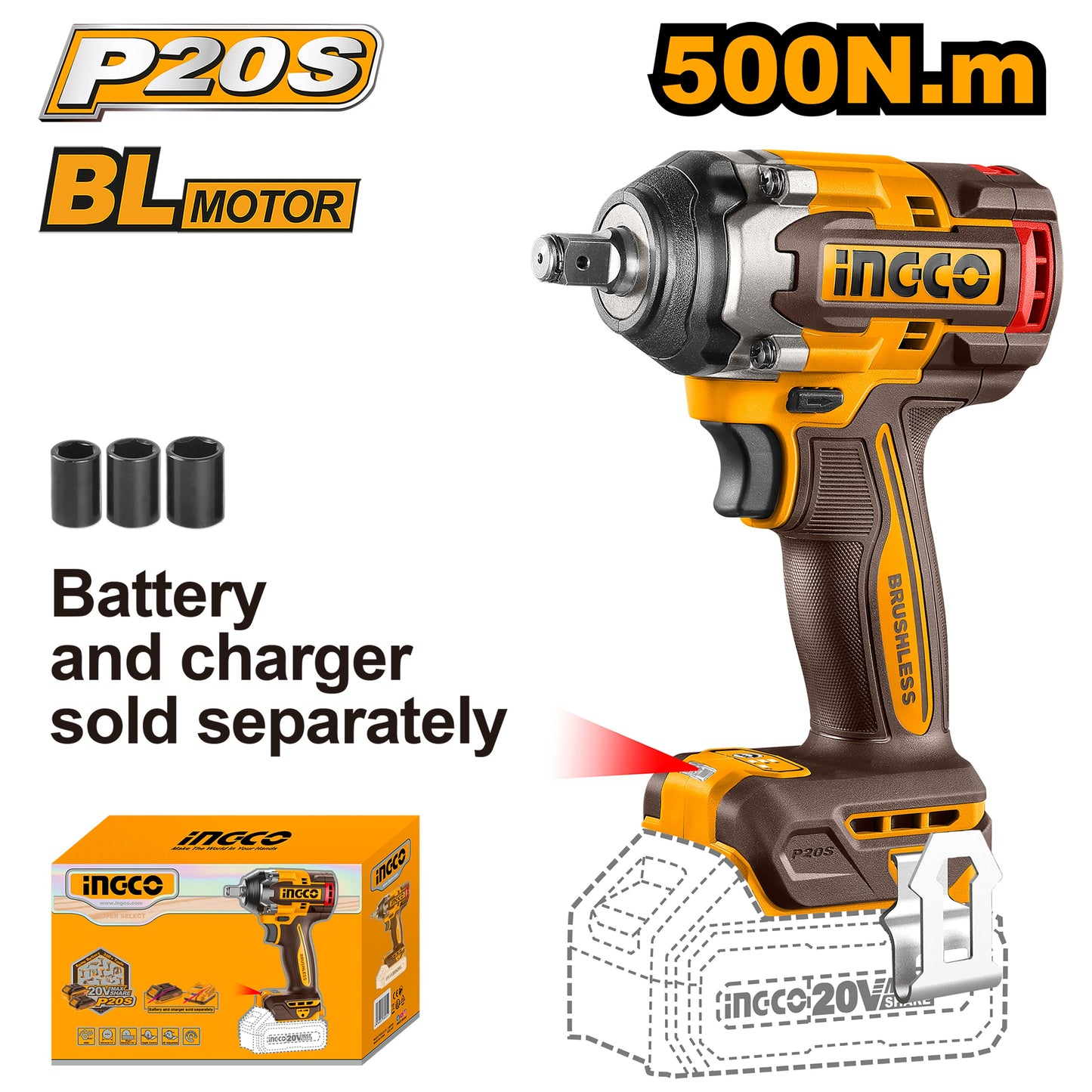 INGCO BOULONNEUSE A CHOC 500NM SANS CHARBON 20V+2BAT SI [CIWLI2050]