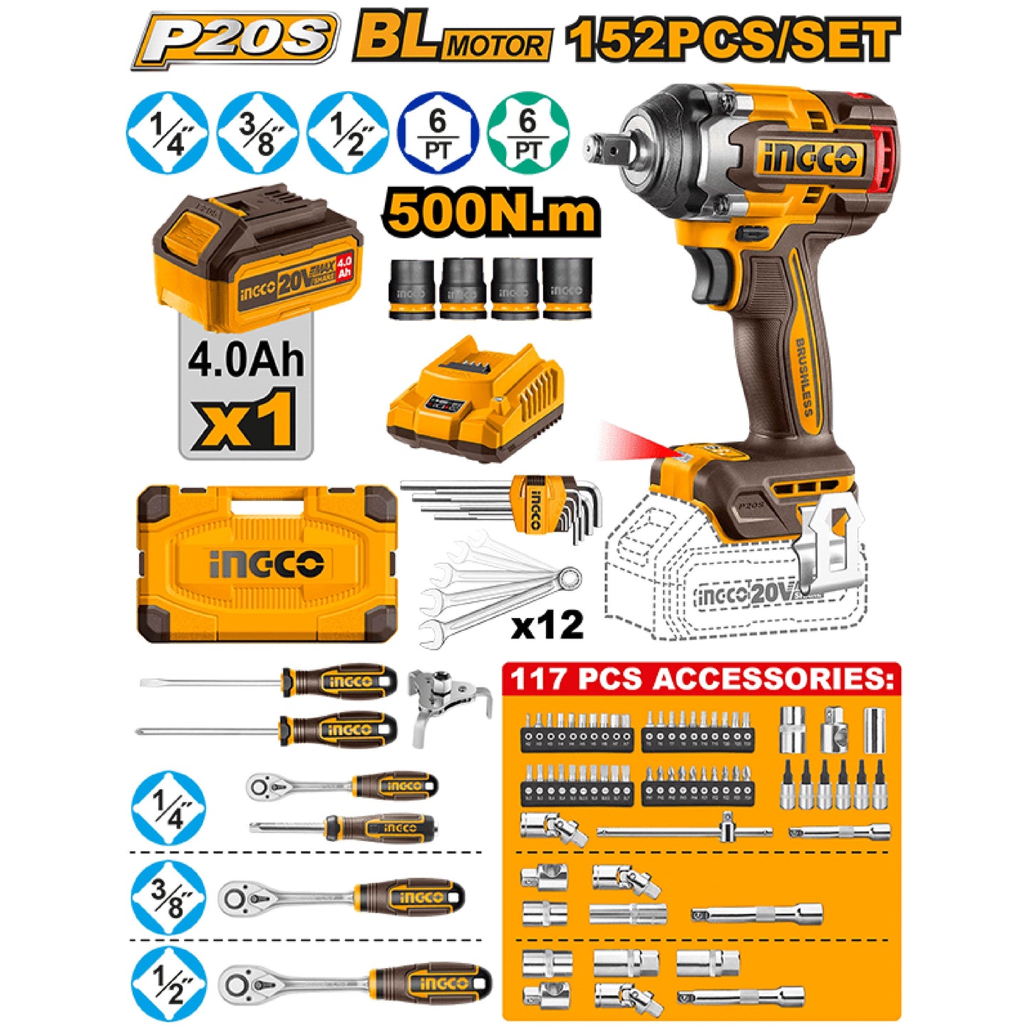 مجموعة أدوات P20S/20V مكونة من 152 قطعة مع مفتاح ربط لاسلكي يعمل ببطارية ليثيوم أيون HKTHP31521 ING-CT