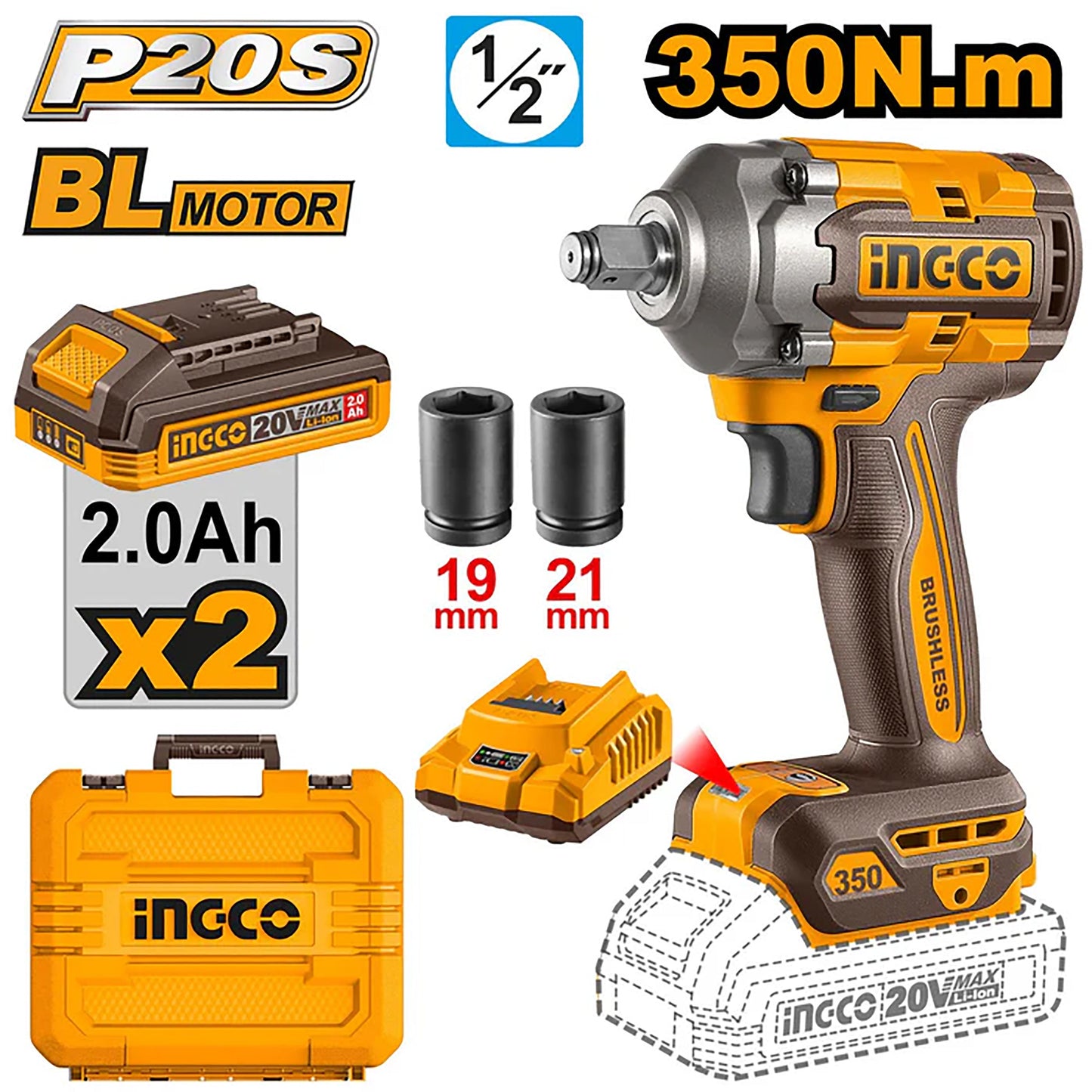 P20S/20V 1/2 pouces Lithium-ion Clé à chocs sans fil 350N.m ING-CT