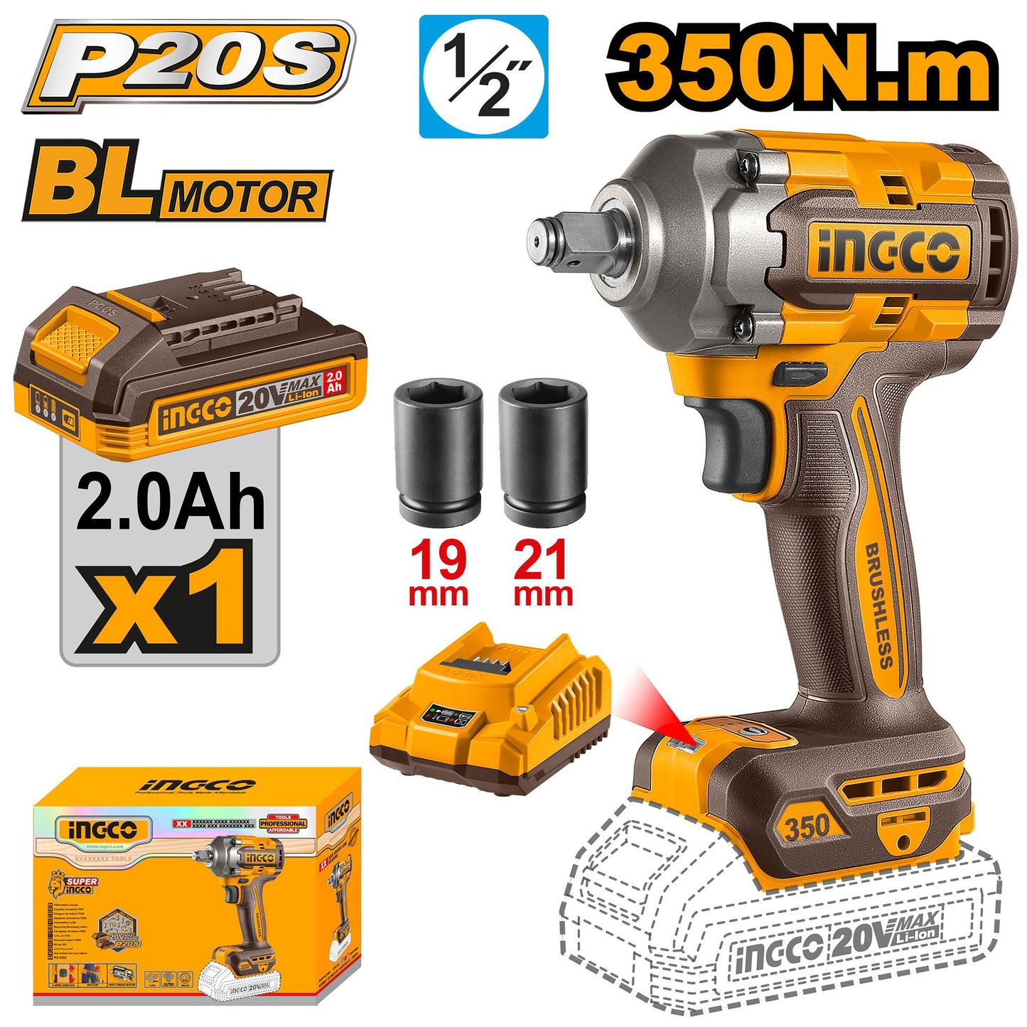 P20S/20V 1/2 pouces Lithium-ion Clé à chocs sans fil 350N.m ING-CT