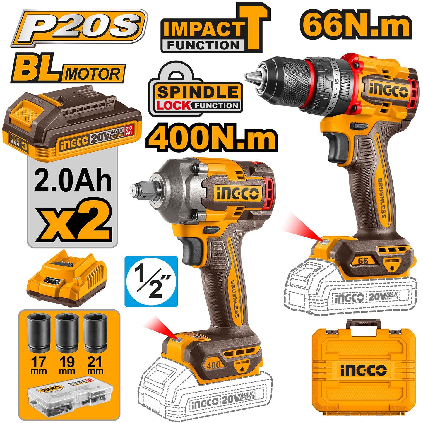 INGCO PACK 2 MACHINES VISSEUSE BRUSHLESS 66NM + BOULONNEUSE 20V [CKLI20275]