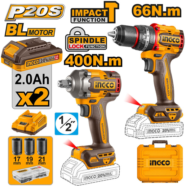 INGCO PACK 2 MACHINES VISSEUSE BRUSHLESS 66NM + BOULONNEUSE 20V [CKLI20275] – INGCO Maroc
