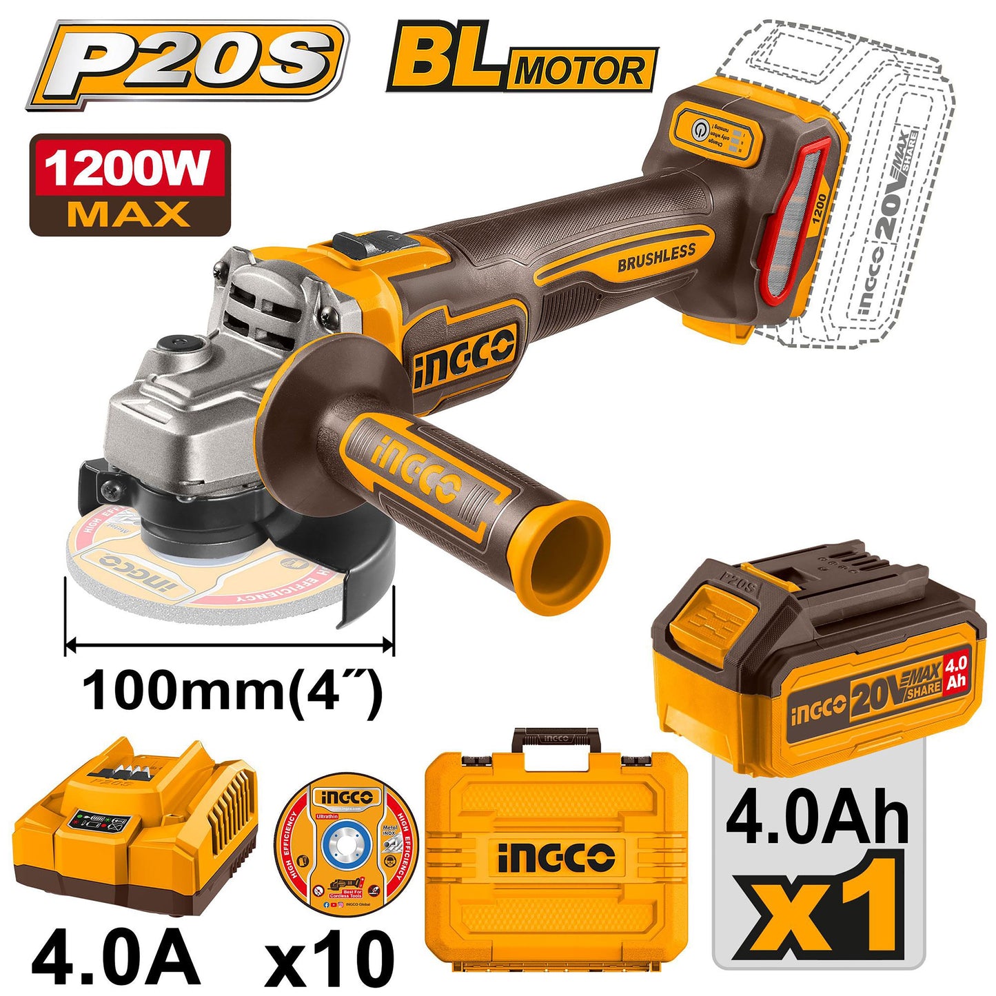 Moteur brushless P20S/20V Meuleuse d’angle sans fil au lithium-ion CAGLI2210031 ING-CT