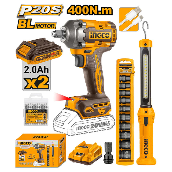 INGCO PACK BOULONNEUSE 400NM BRUSHLESS 20V+10 DOUILLES+BALADEUSE [COSLI23048] – INGCO Maroc