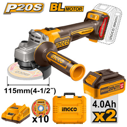 INGCO MALETTE MEULEUSE 115MM 20V+2BATT 4AH+10DISQUES NR [CAGLI271532]