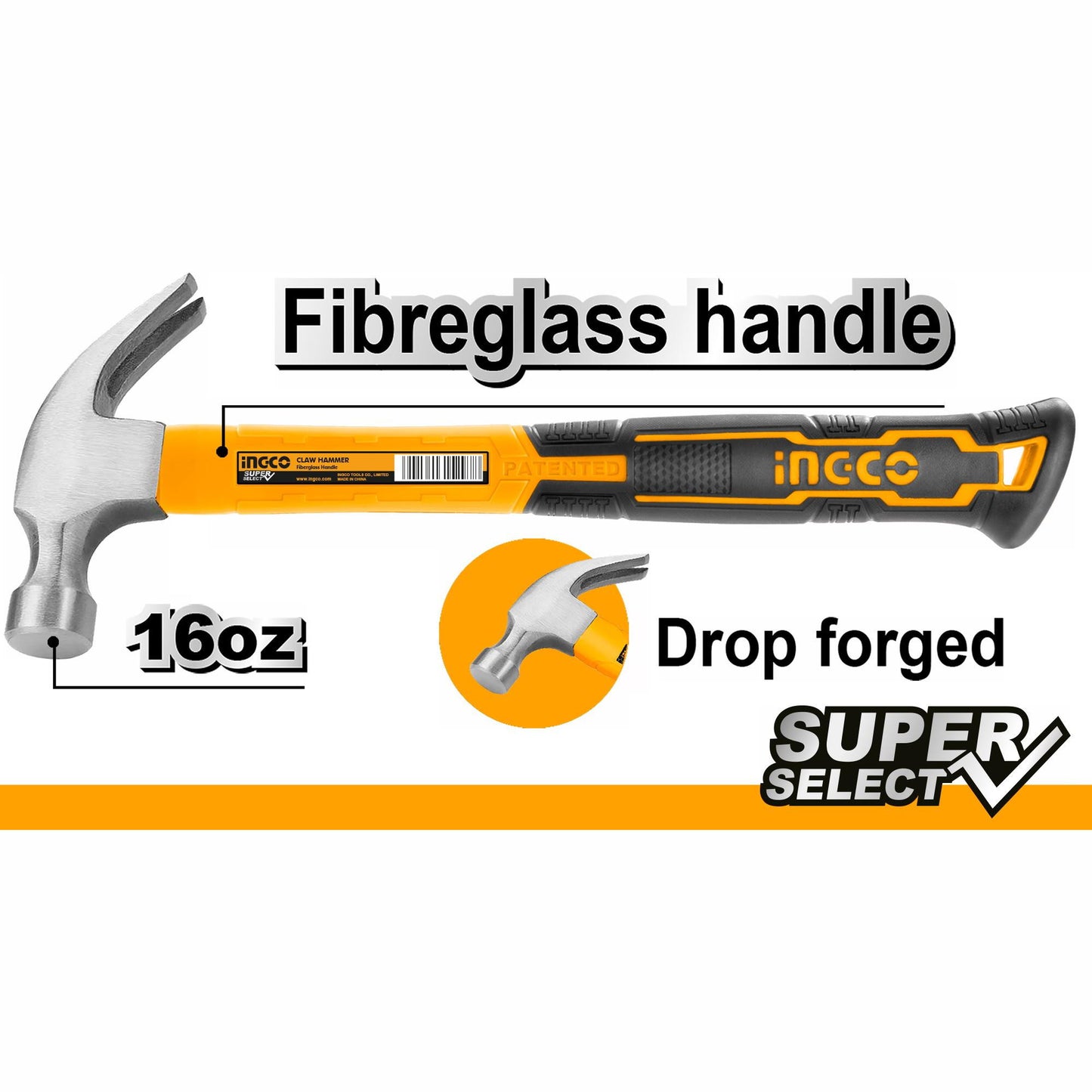 INGCO MARTEAU DE MENUISIER 450G TETE FORGEE SS [HCHS8016]