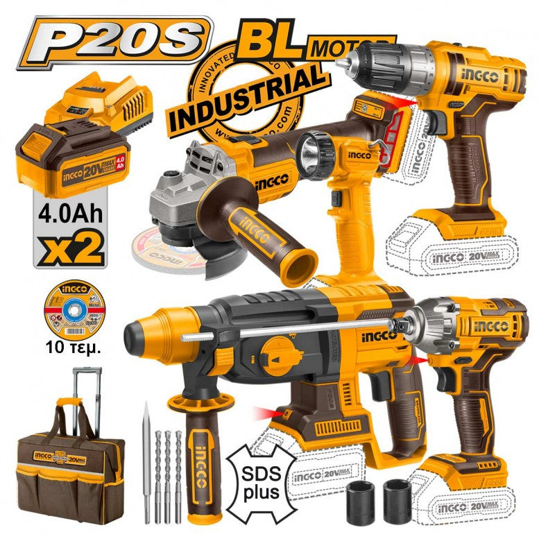 INGCO PACK VALISE 5 MACHINES INDUSTRIELLES 20V 4AH + ACC [CKLI2019]