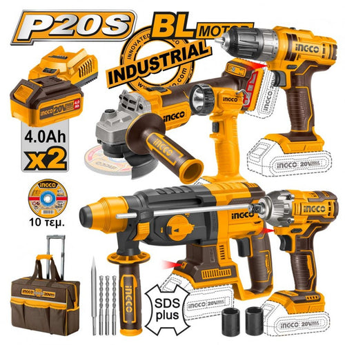 INGCO PACK VALISE 5 MACHINES INDUSTRIELLES 20V 4AH + ACC [CKLI2019]