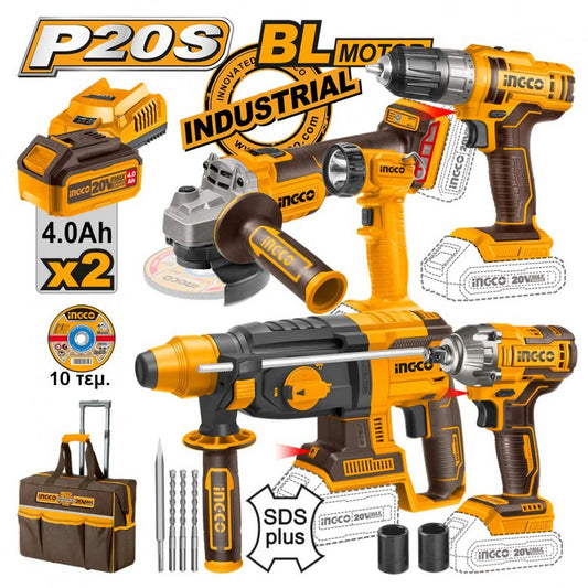 INGCO PACK VALISE 5 MACHINES INDUSTRIELLES 20V 4AH + ACC [CKLI2019]