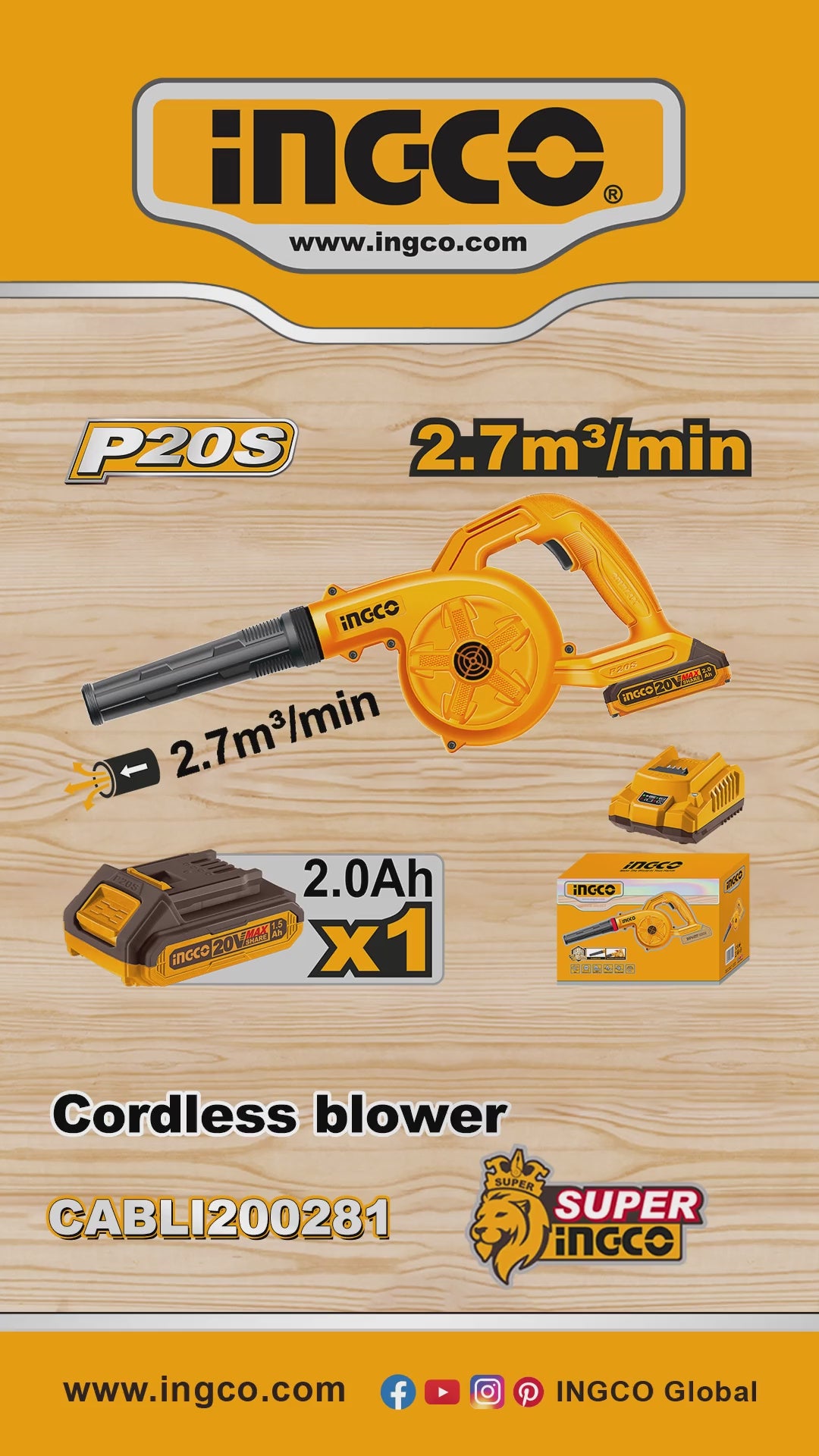 INGCO SOUFFLEUR 20V + 1 BATTERIE + CHARGEUR [CABLI200281]