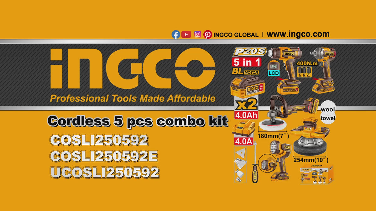 INGCO PACK COMBO POLISSAGE 180MM/254MM + DECAPEUR + BOULONNEUSE 20V [COSLI250592]